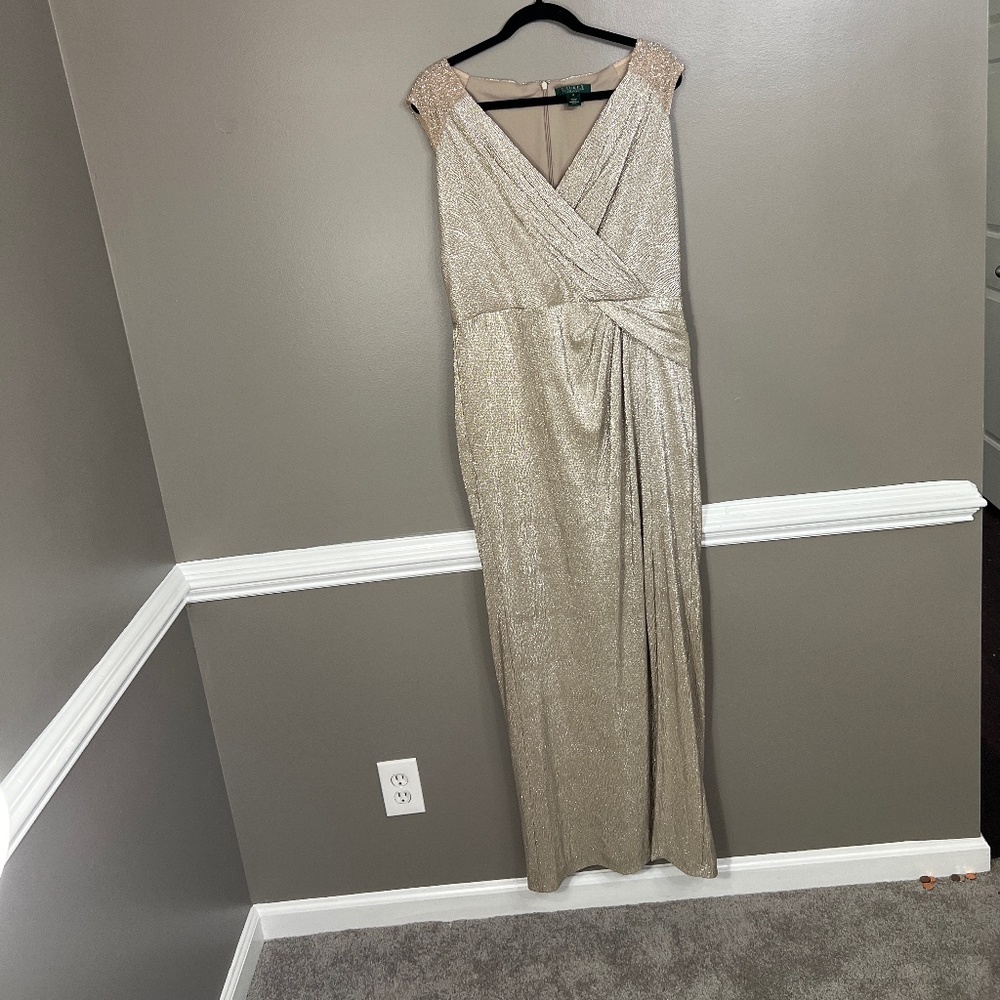 Ralph Lauren Evening Long Dress Gold Glitter with Shoulder Sequences 14